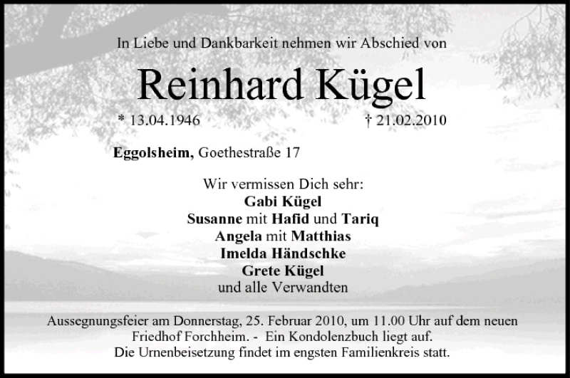  Traueranzeige für Reinhard Kügel vom 23.02.2010 aus MGO