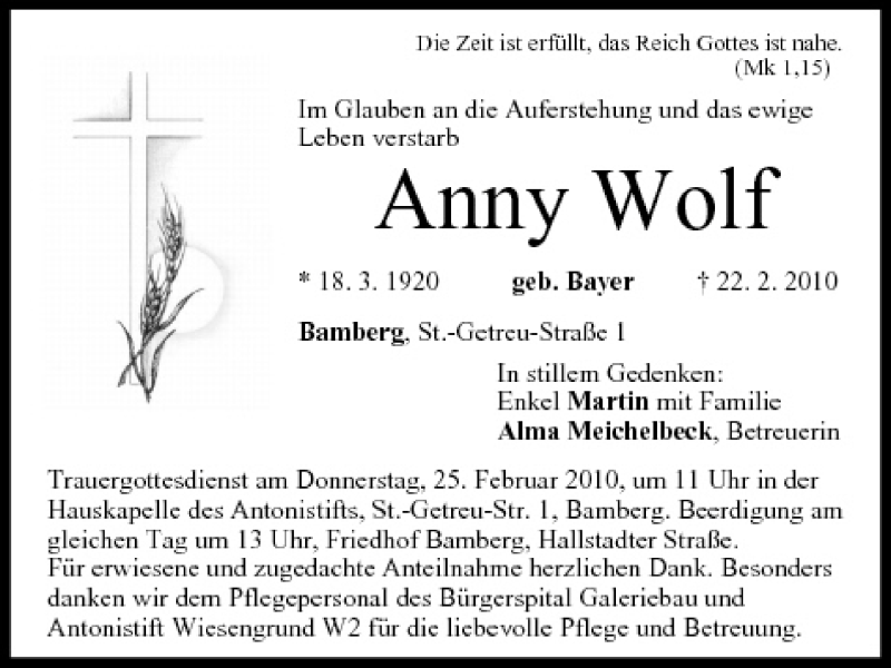  Traueranzeige für Anny Wolf vom 24.02.2010 aus MGO