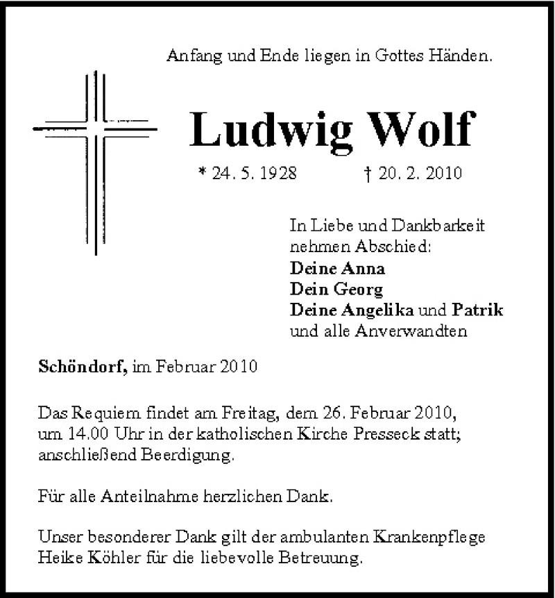  Traueranzeige für Ludwig Wolf vom 24.02.2010 aus MGO