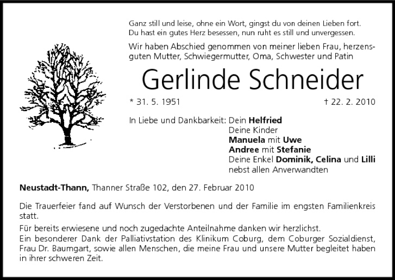  Traueranzeige für Gerlinde Schneider vom 27.02.2010 aus MGO