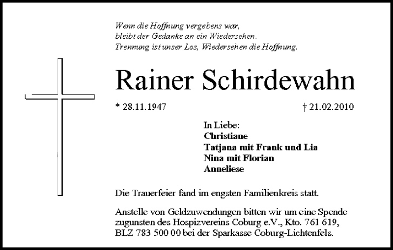  Traueranzeige für Rainer Schirdewahn vom 27.02.2010 aus MGO