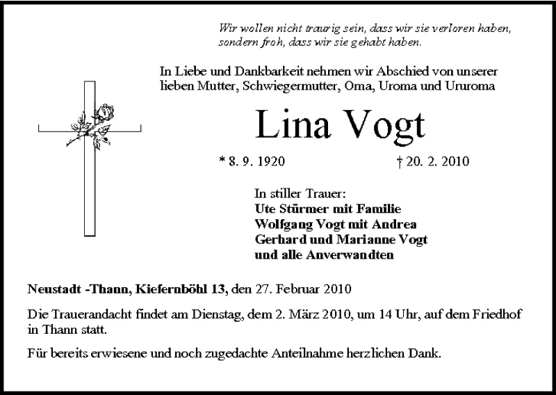  Traueranzeige für Lina Vogt vom 27.02.2010 aus MGO