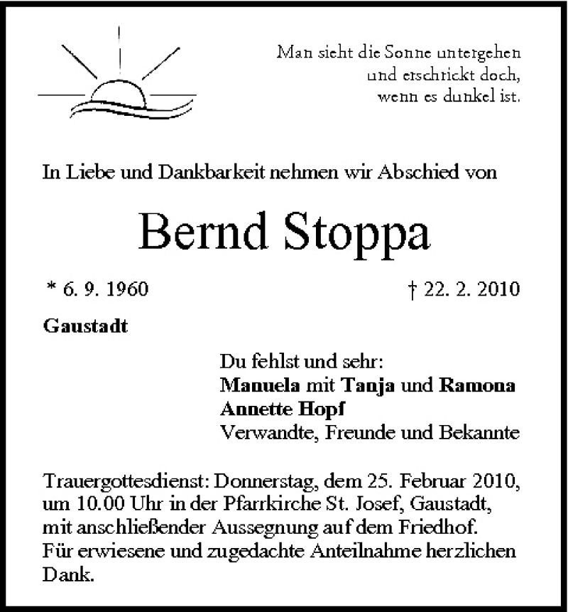  Traueranzeige für Bernd Stoppa vom 24.02.2010 aus MGO