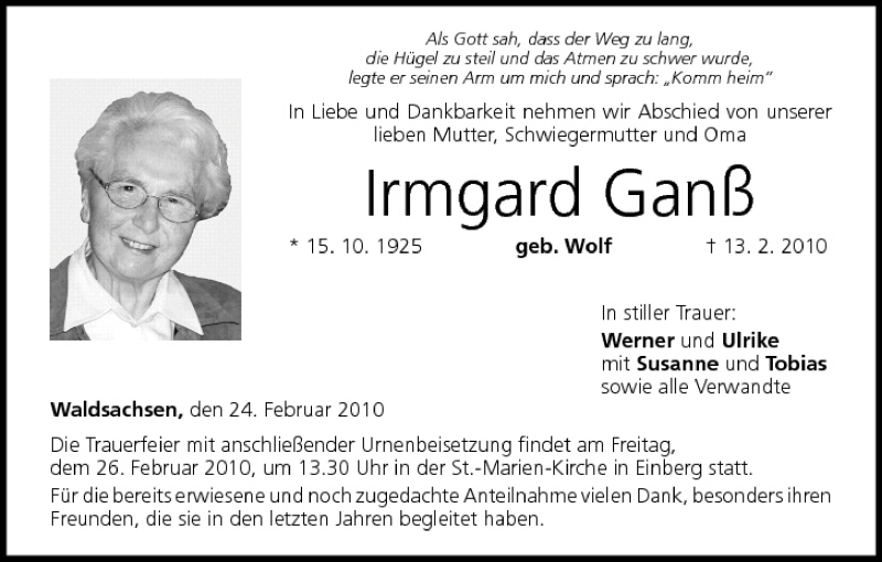  Traueranzeige für Irmgard Ganß vom 24.02.2010 aus MGO