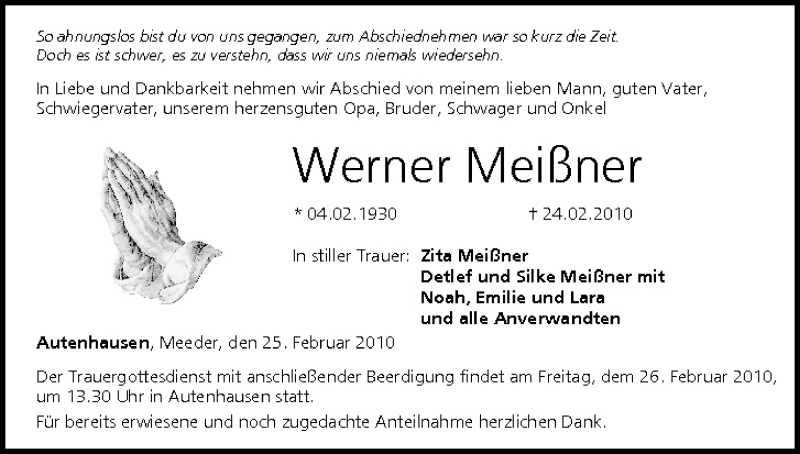  Traueranzeige für Werner Meißner vom 25.02.2010 aus MGO
