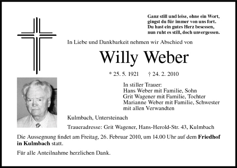  Traueranzeige für Willy Weber vom 25.02.2010 aus MGO