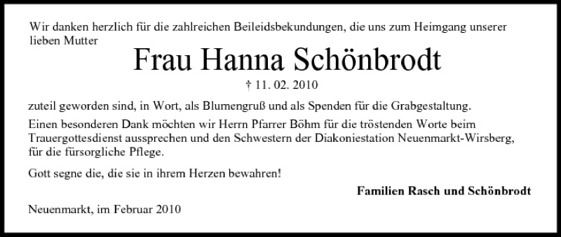  Traueranzeige für Hanna Schönbrodt vom 25.02.2010 aus MGO