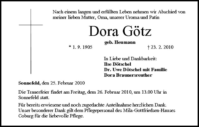  Traueranzeige für Dora Götz vom 25.02.2010 aus MGO