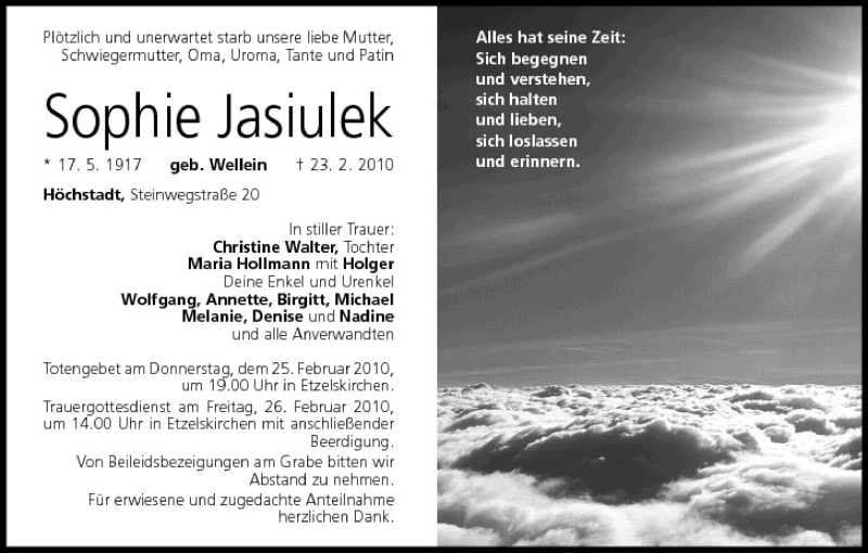  Traueranzeige für Sophie Jasiulek vom 25.02.2010 aus MGO