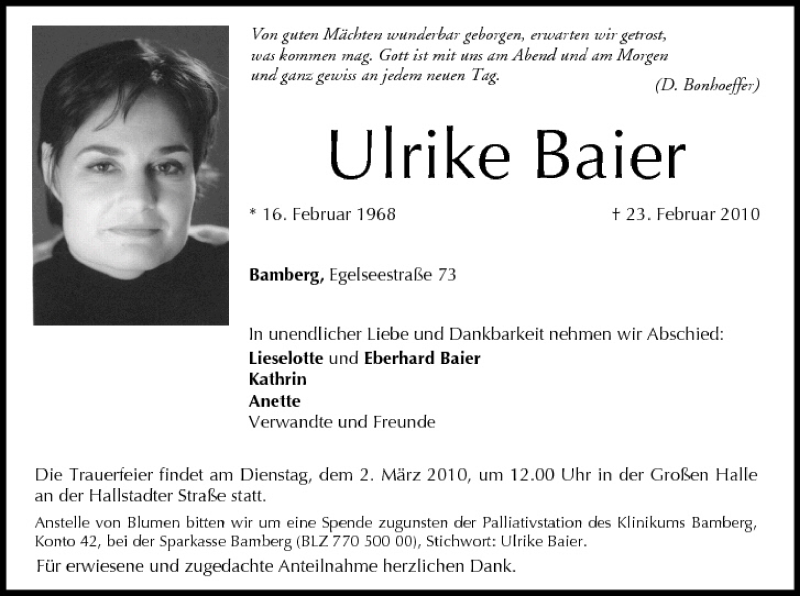  Traueranzeige für Ulrike Baier vom 27.02.2010 aus MGO