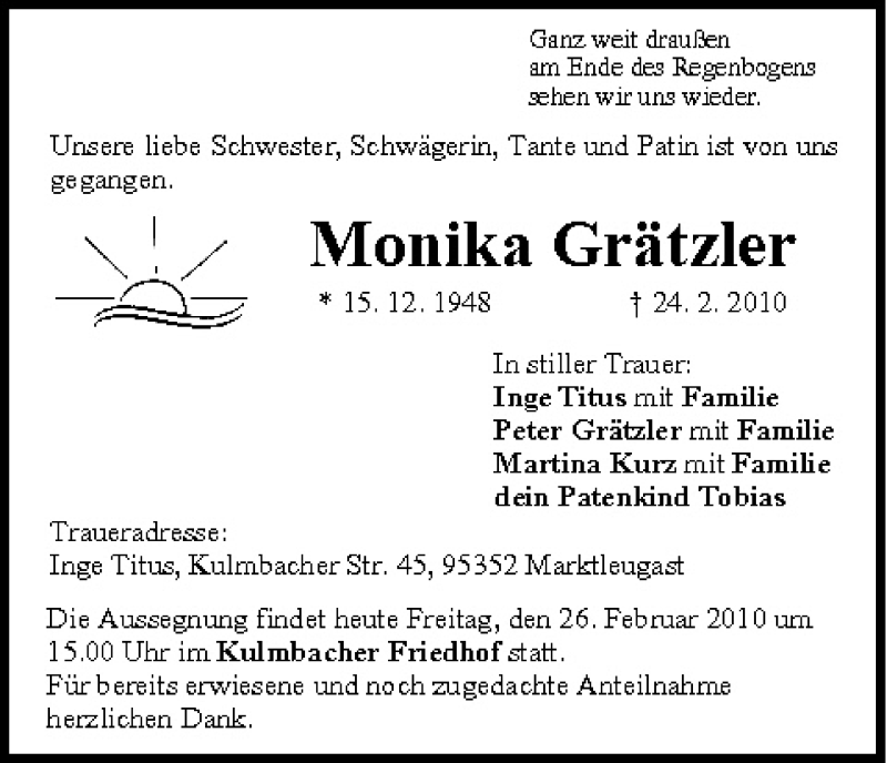  Traueranzeige für Monika Grätzler vom 26.02.2010 aus MGO