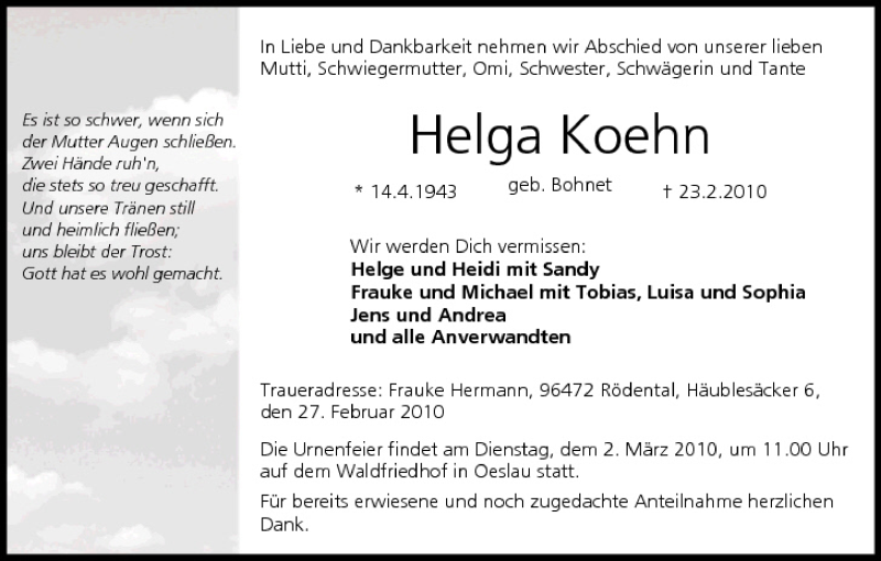 Traueranzeige für Helga Koehn vom 27.02.2010 aus MGO