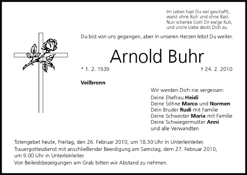 Traueranzeige für Arnold Buhr vom 26.02.2010 aus MGO
