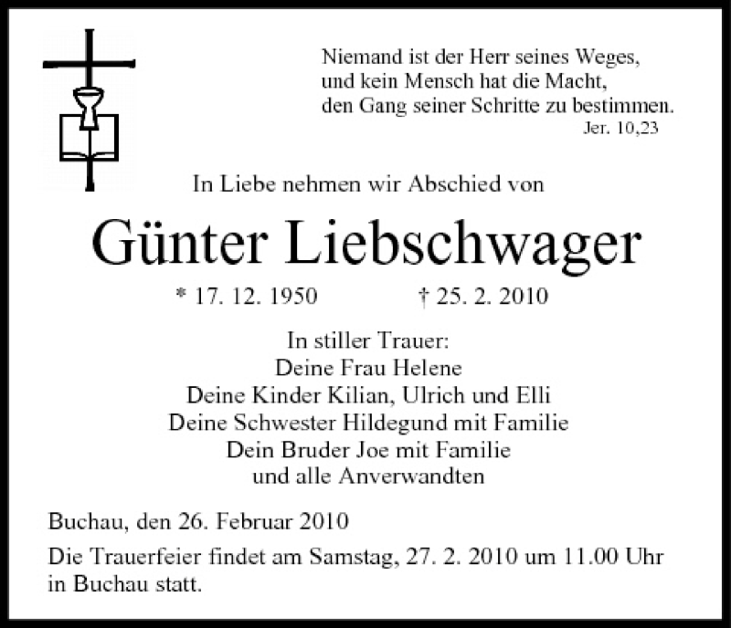  Traueranzeige für Günter Liebschwager vom 26.02.2010 aus MGO