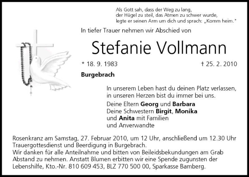  Traueranzeige für Stefanie Vollmann vom 26.02.2010 aus MGO