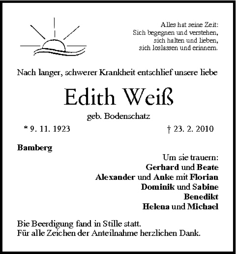  Traueranzeige für Edith Weiß vom 27.02.2010 aus MGO