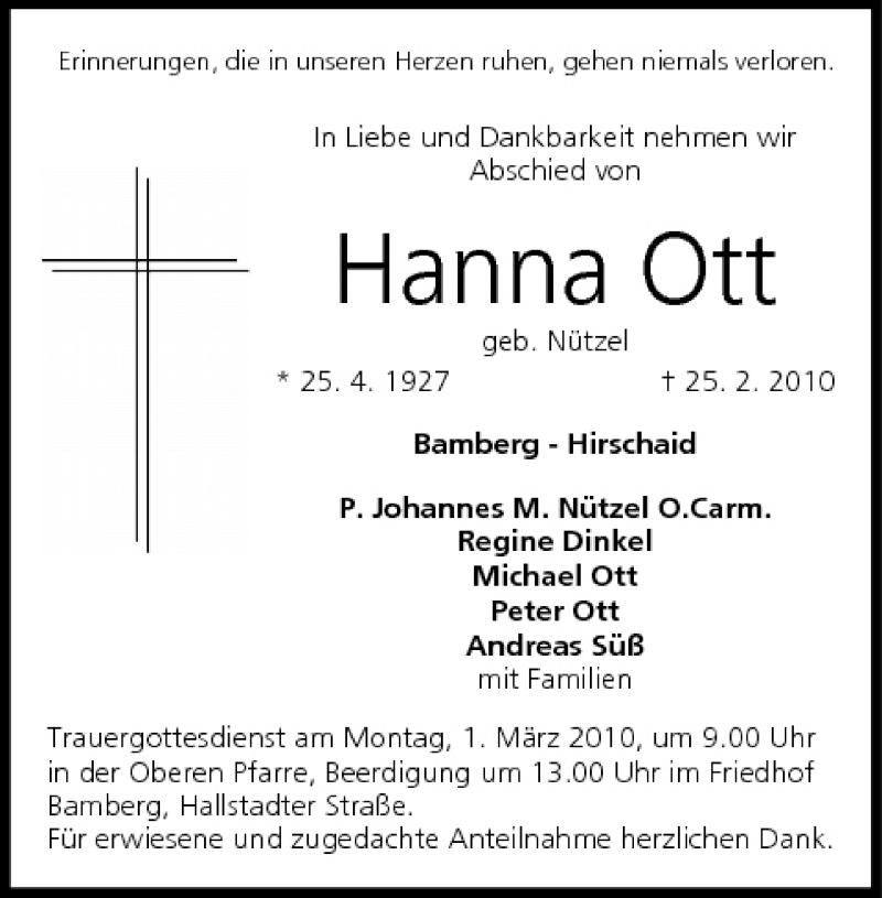  Traueranzeige für Hanna Ott vom 27.02.2010 aus MGO
