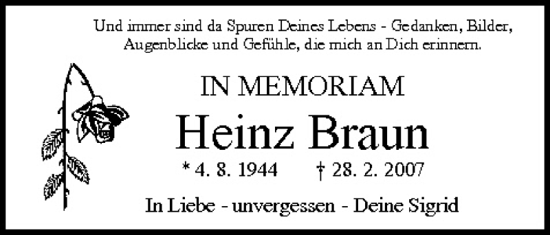  Traueranzeige für Heinz Braun vom 27.02.2010 aus MGO