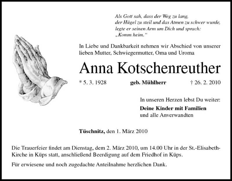  Traueranzeige für Anna Kotschenreuther vom 01.03.2010 aus MGO