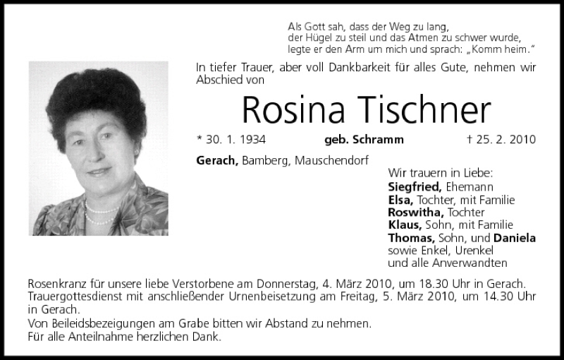  Traueranzeige für Rosina Tischner vom 03.03.2010 aus MGO