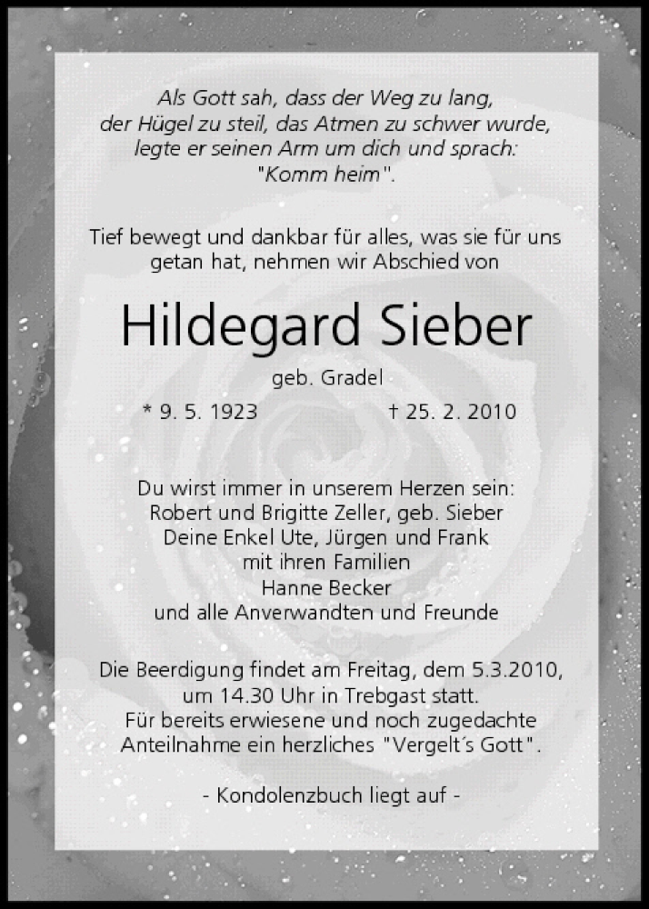  Traueranzeige für Hildegard Sieber vom 03.03.2010 aus MGO