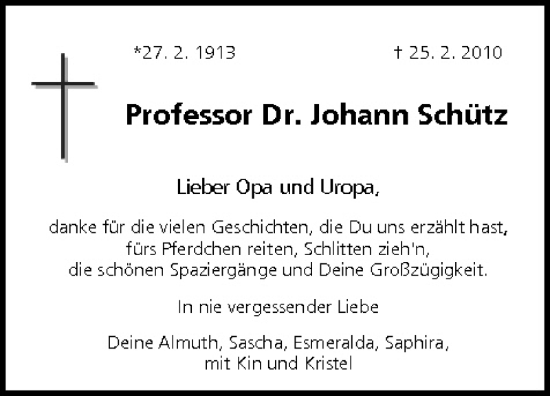  Traueranzeige für Johann Schütz vom 06.03.2010 aus MGO