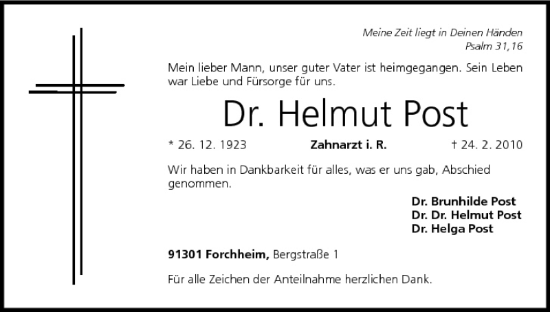  Traueranzeige für Helmut Post vom 04.03.2010 aus MGO