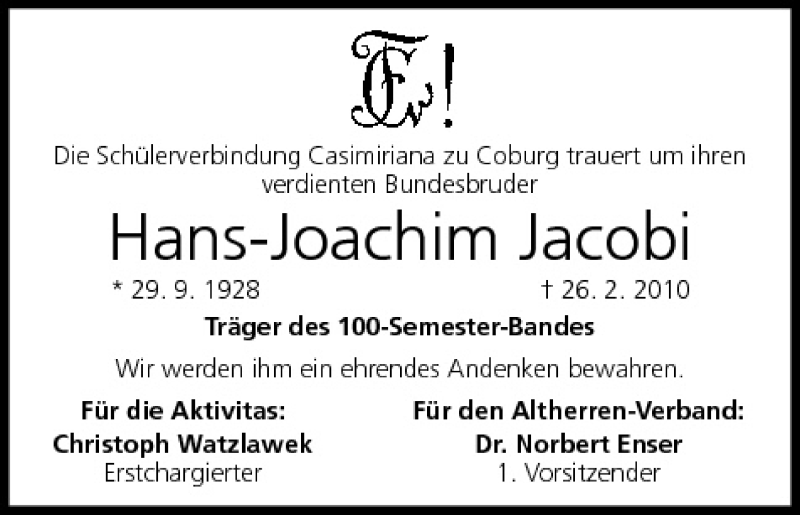  Traueranzeige für Hans-Joachim Jacobi vom 06.03.2010 aus MGO