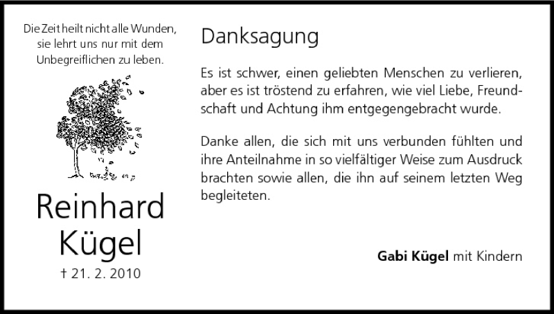  Traueranzeige für Reinhard Kügel vom 06.03.2010 aus MGO