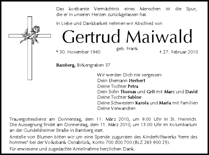  Traueranzeige für Gertrud Maiwald vom 09.03.2010 aus MGO