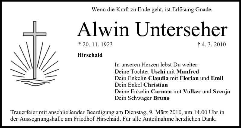 Traueranzeige für Alwin Unterseher vom 06.03.2010 aus MGO