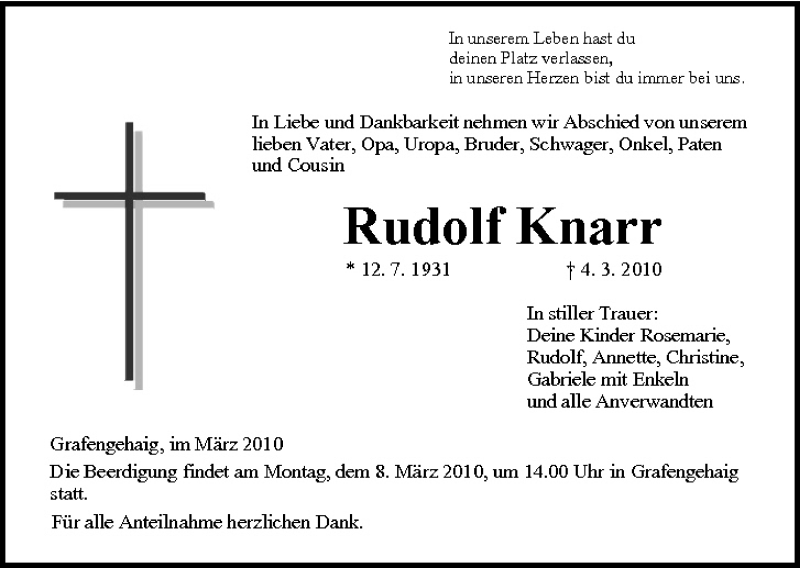  Traueranzeige für Rudolf Knarr vom 06.03.2010 aus MGO