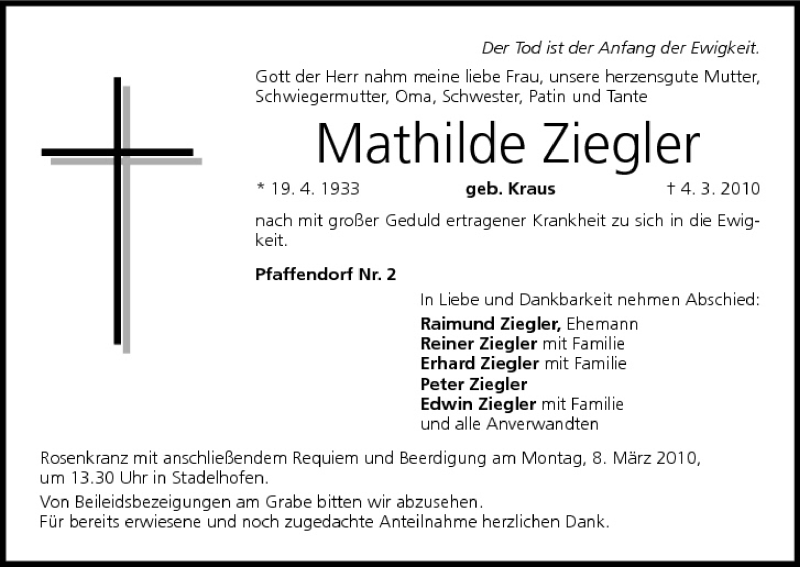  Traueranzeige für Mathilde Ziegler vom 06.03.2010 aus MGO