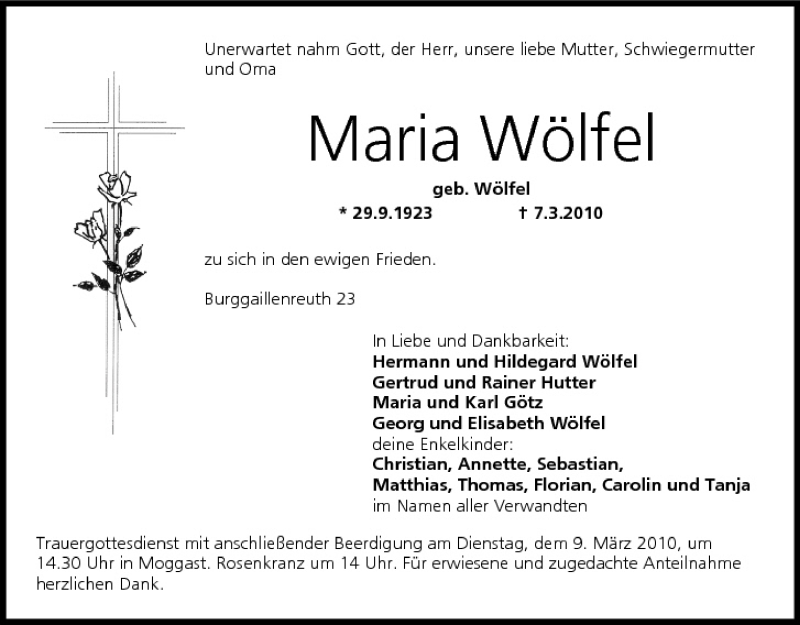  Traueranzeige für Maria Wölfel vom 08.03.2010 aus MGO