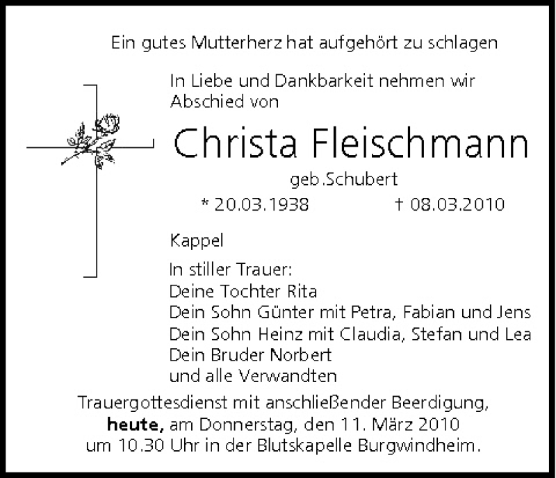  Traueranzeige für Christa Fleischmann vom 11.03.2010 aus MGO