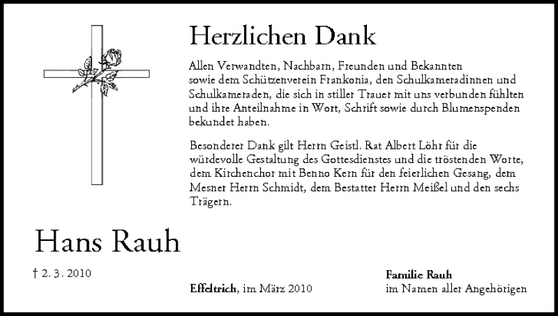  Traueranzeige für Hans Rauh vom 13.03.2010 aus MGO