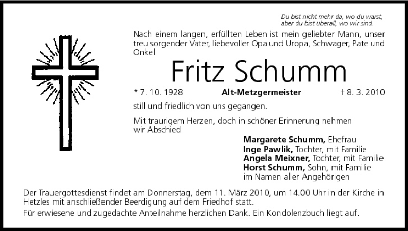  Traueranzeige für Fritz Schumm vom 10.03.2010 aus MGO