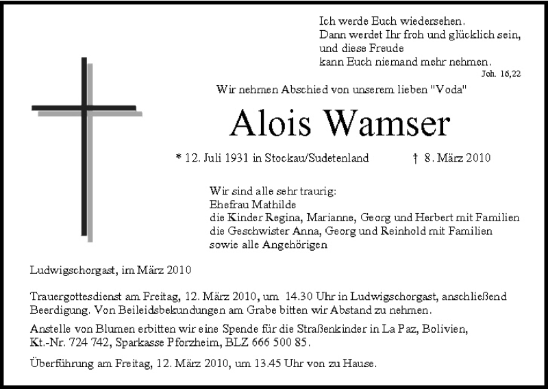  Traueranzeige für Alois Wamser vom 10.03.2010 aus MGO
