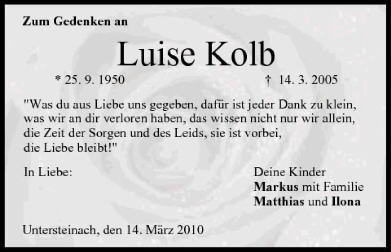  Traueranzeige für Luise Kolb vom 13.03.2010 aus MGO