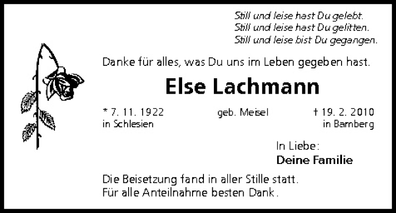  Traueranzeige für Else Lachmann vom 13.03.2010 aus MGO