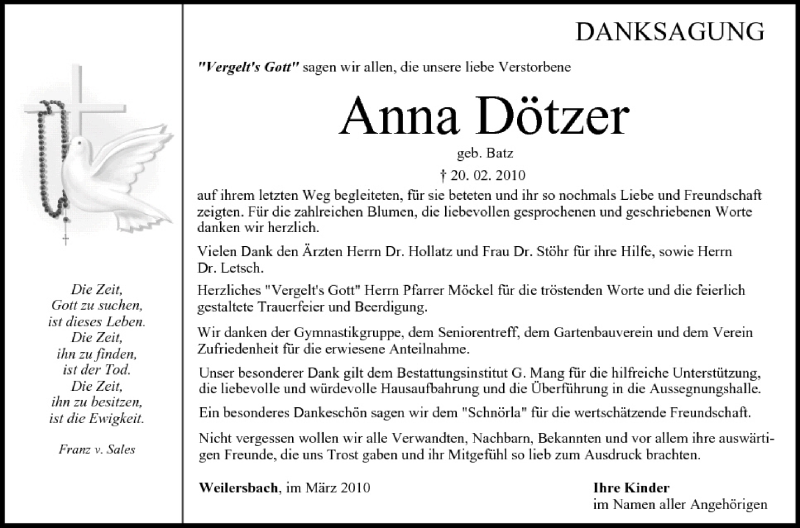  Traueranzeige für Anna Dötzer vom 13.03.2010 aus MGO