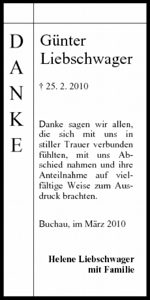  Traueranzeige für Günter Liebschwager vom 20.03.2010 aus MGO