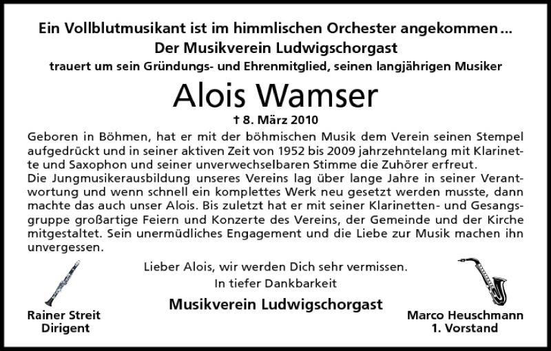  Traueranzeige für Alois Wamser vom 19.03.2010 aus MGO