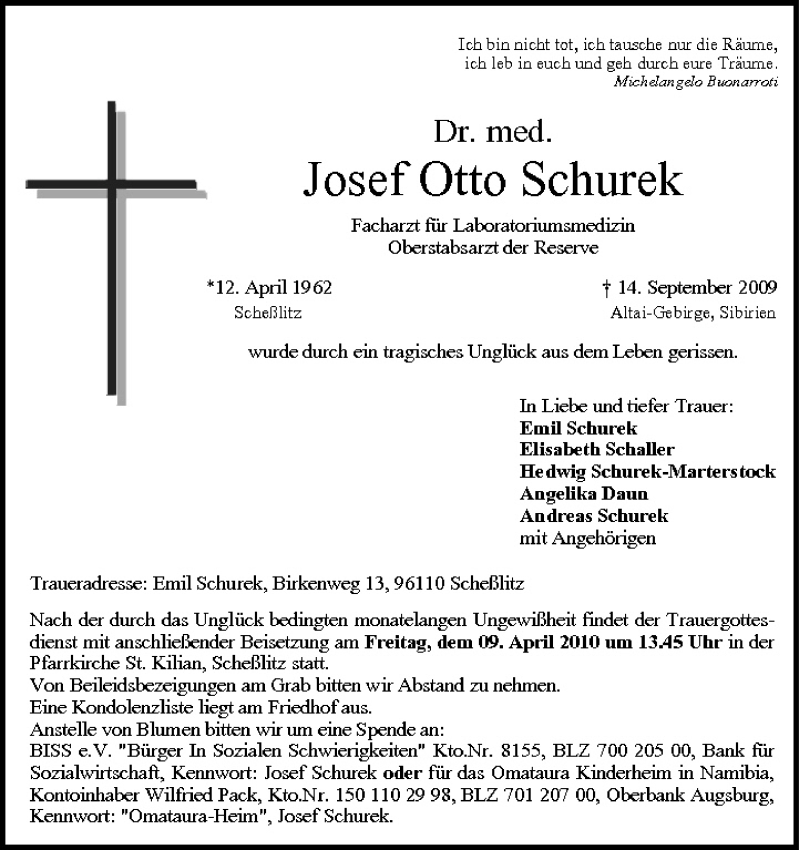  Traueranzeige für Josef Otto Schurek vom 27.03.2010 aus MGO
