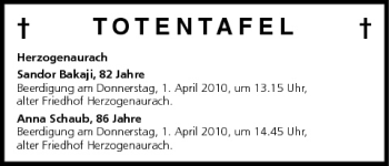 Anzeige von Totentafel vom 31.03.2010 von MGO