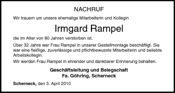 Anzeige von Irmgard Rampel von MGO