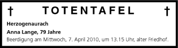 Anzeige von Totentafel vom 06.04.2010 von MGO