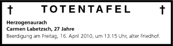 Anzeige von Totentafel vom 15.04.2010 von MGO