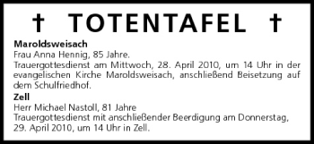 Anzeige von Totentafel vom 28.04.2010 von MGO