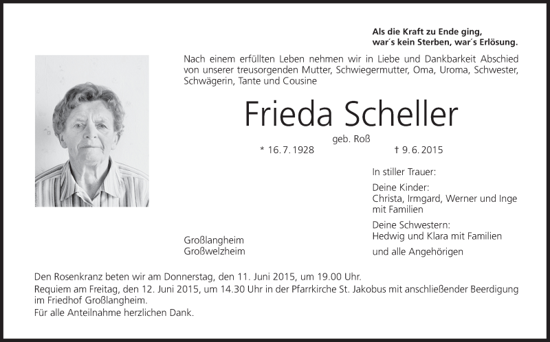  Traueranzeige für Frieda Scheller vom 11.06.2015 aus MGO